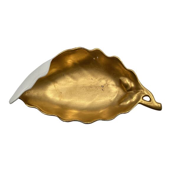 Vintage MCM 1960s Leaf Shaped Dish/Trinket Tray Gold Tone on White Porcelain - Picture 7 of 10